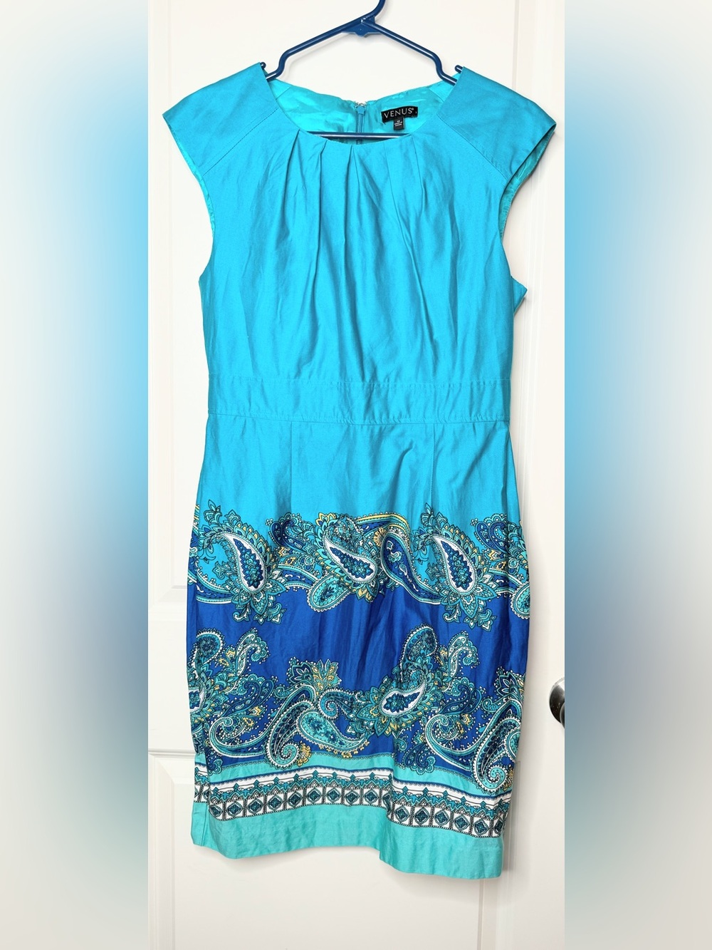VENUS Womens Size 10 Turquoise Blue Paisley Border Print Sheath Dress Cotton